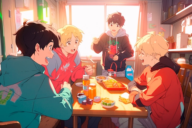 Anime style group of boys spending time together and enjoying their friendship