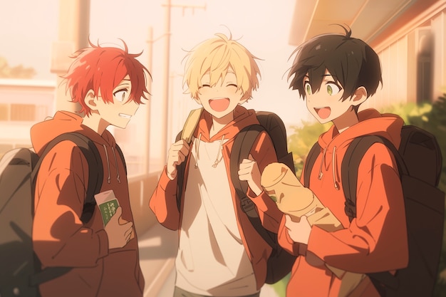 Free photo anime style group of boys spending time together and enjoying their friendship