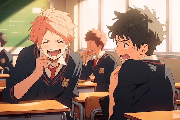 Anime style group of boys spending time together and enjoying their friendship