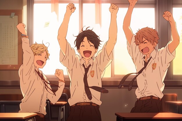 Anime style group of boys spending time together and enjoying their friendship