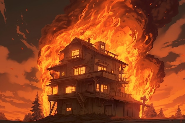 Foto gratuita casa in fiamme in stile anime