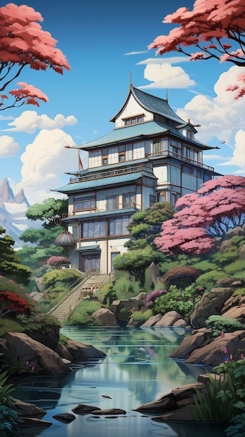 Free photo anime style house structure