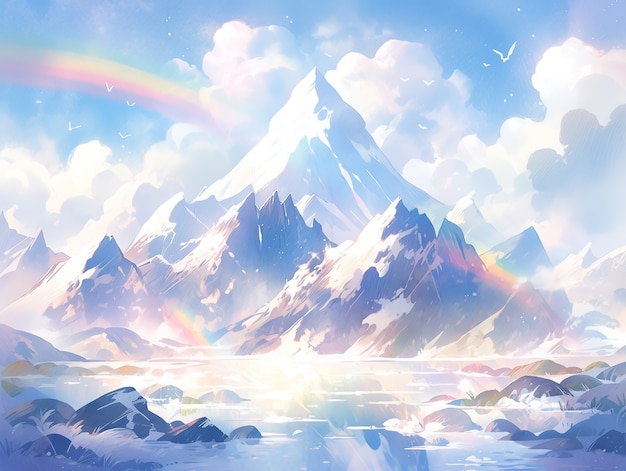 Free photo anime style mountains landscape