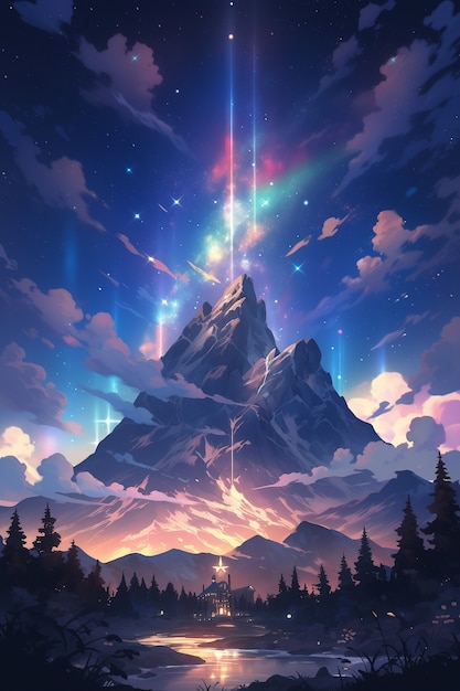 Free photo anime style mountains landscape