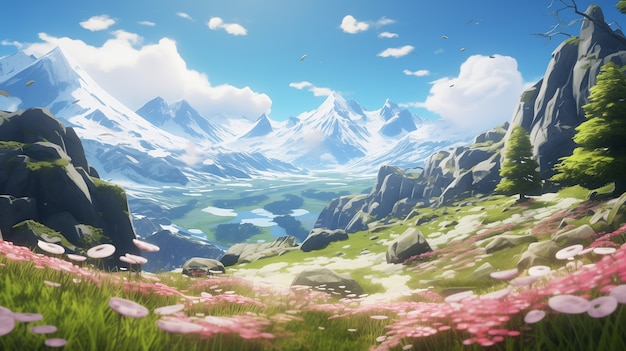 アニメスタイルの山の風景