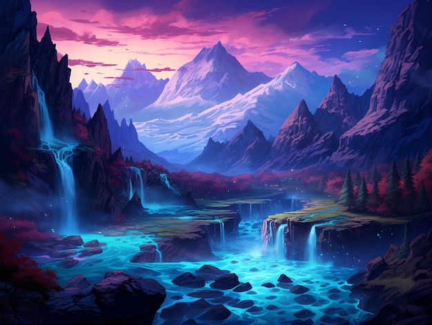 Free photo anime style mountains landscape