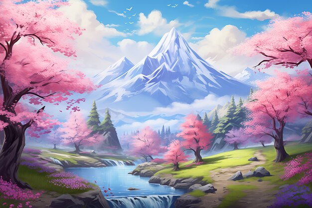 Anime style mountains landscape