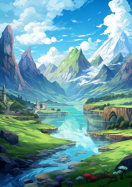 アニメスタイルの山の風景