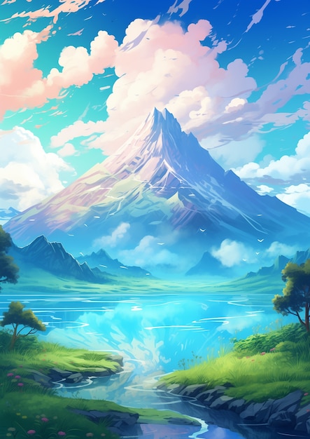 Free photo anime style mountains landscape