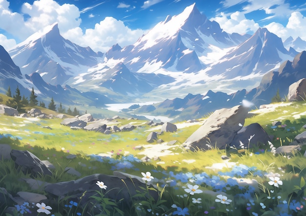 Free photo anime style mountains landscape