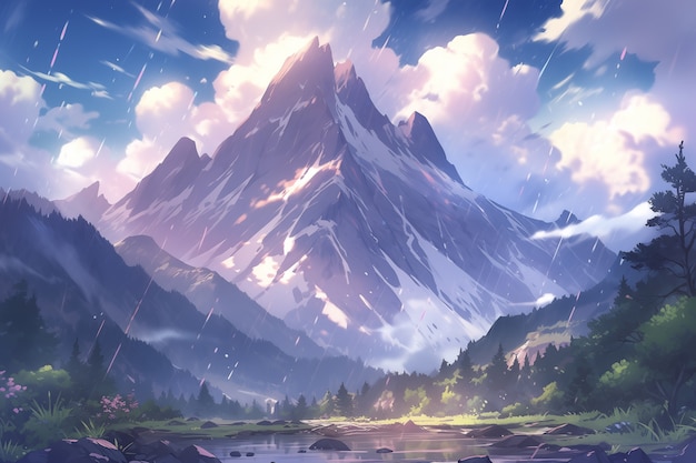 Free photo anime style mountains landscape