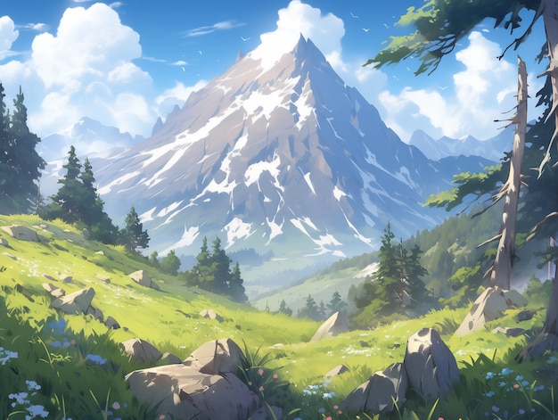 Free photo anime style mountains landscape