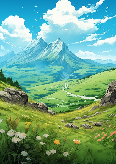 무료 사진 애니메이션 스타일의 산 풍경