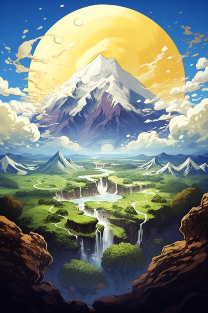 Anime style mountains landscape