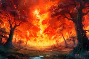 Foto gratuita la natura in fiamme in stile anime
