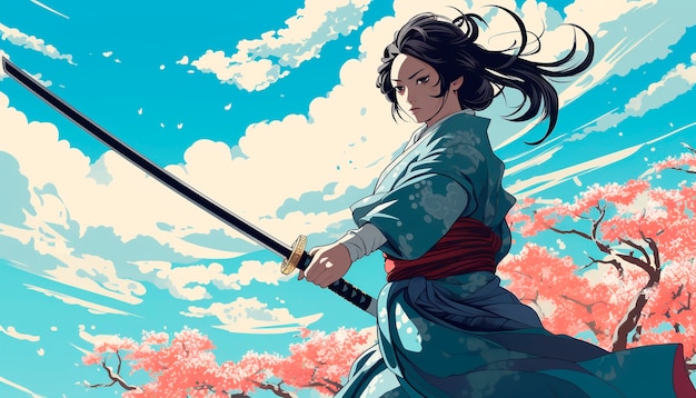 Foto gratuita ritratto in stile anime di un personaggio samurai giapponese tradizionale