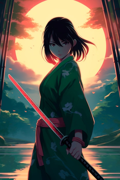 Foto gratuita ritratto in stile anime di un personaggio samurai giapponese tradizionale