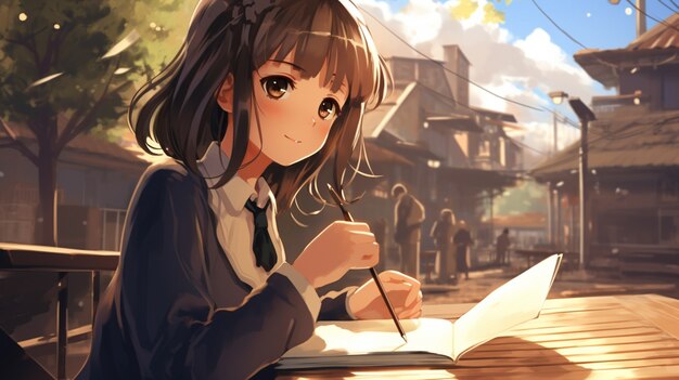 anime style portrait of young student attending school