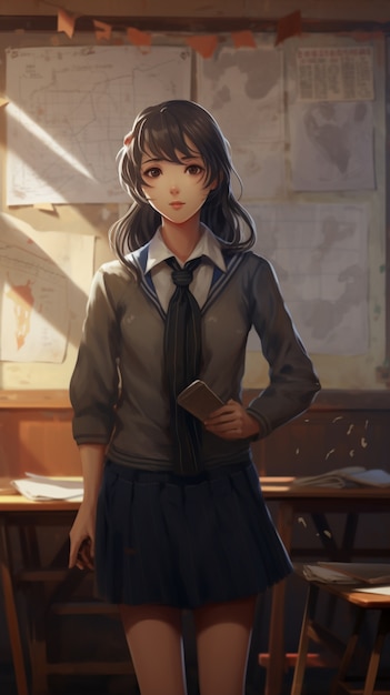 anime style portrait of young student attending school