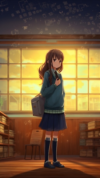 anime style portrait of young student attending school