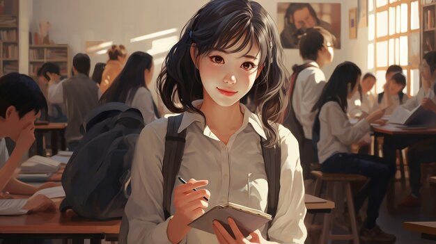 anime style portrait of young student attending school