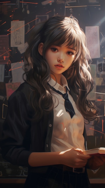 Anime style portrait of young student attending school
