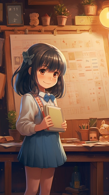anime style portrait of young student attending school