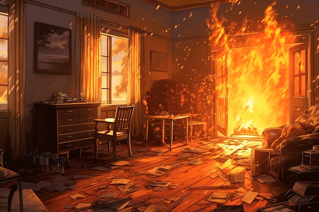 Free photo anime style room on fire