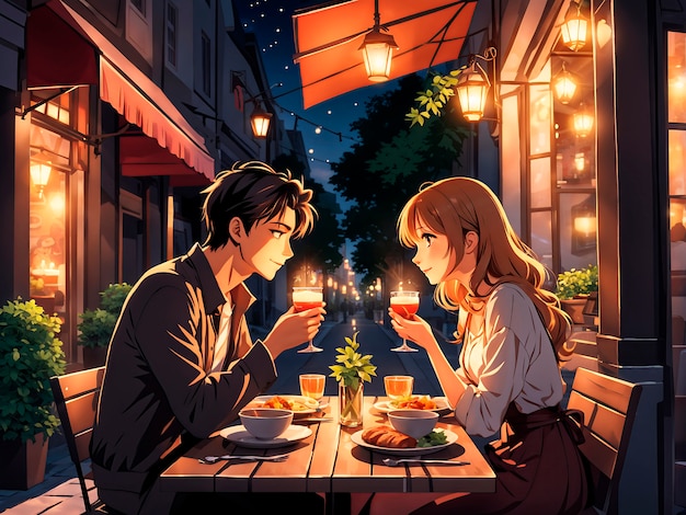 無料写真 anime style scene with people showing affection outdoors in the street