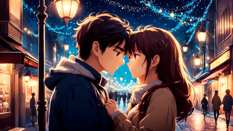 Free Photo anime style scene with people showing affection outdoors in the street