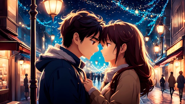 Anime style scene with people showing affection outdoors in the street