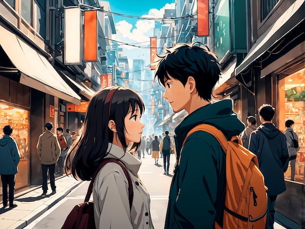 Free photo anime style scene with people showing affection outdoors in the street