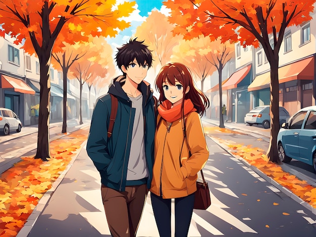 Free photo anime style scene with people showing affection outdoors in the street
