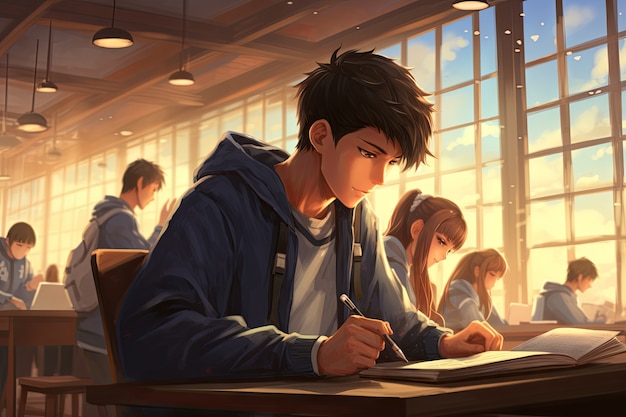 Free photo anime style student attending school