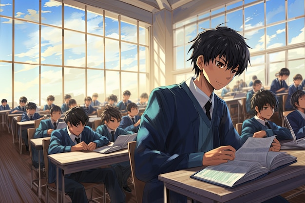 Anime style students attending school