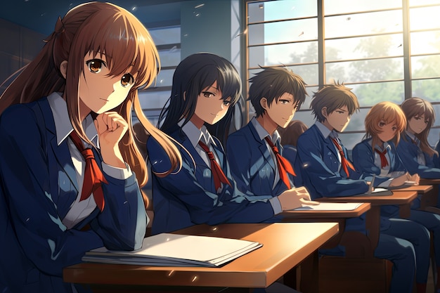 Студенты в стиле аниме посещают школу