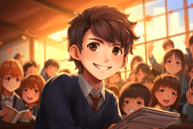 Anime style students attending school