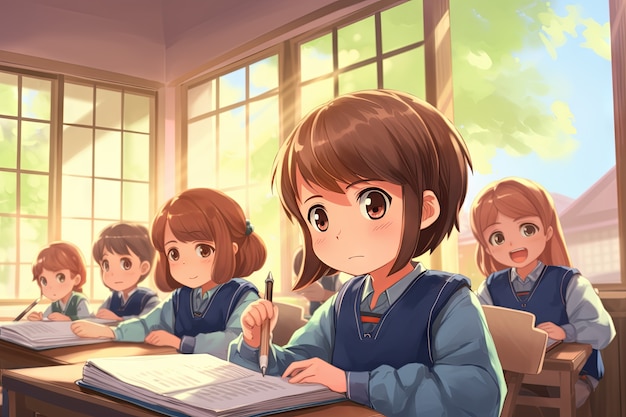 Anime style students attending school