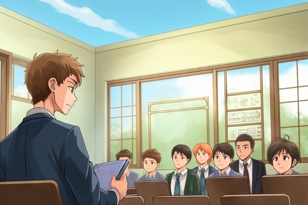 Anime style students attending school