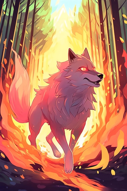 Anime style wolf with fire