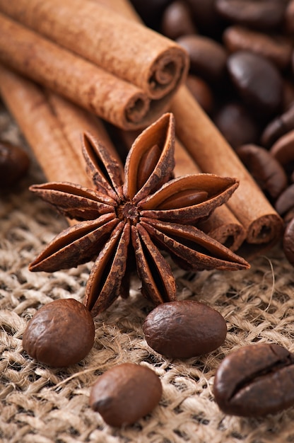 Anice, cannella e chicchi di caffè su fondo in legno vecchio