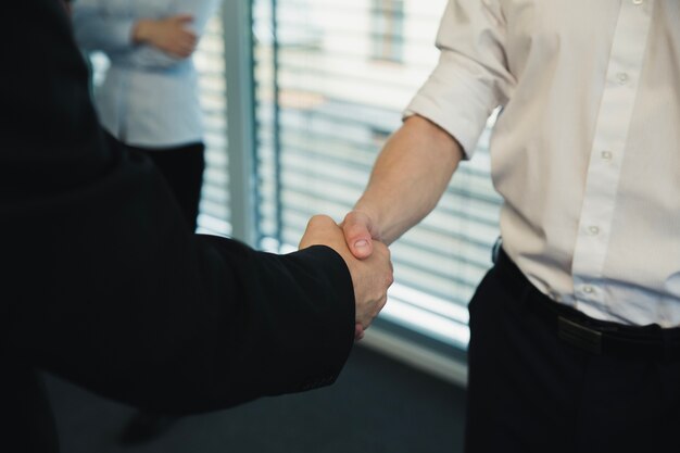 Anonymous men shaking hands in modern office