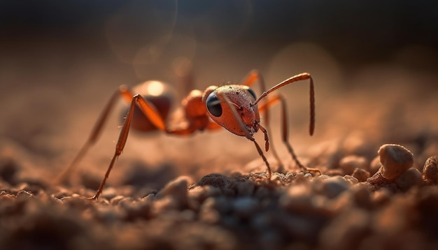Ant colony crawls on tree branch at sunset generated by AI