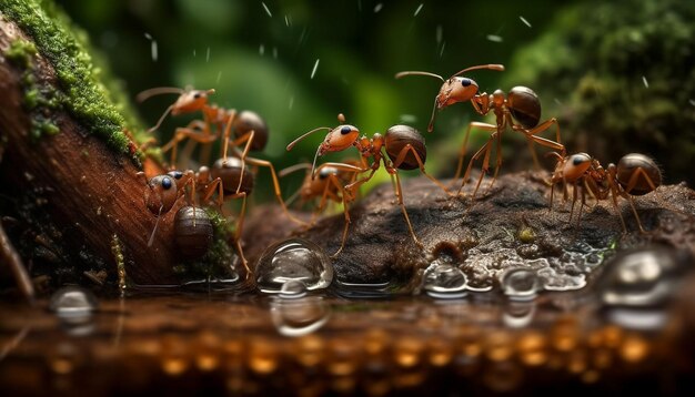 Ant colony on wet leaf in green forest generated by AI
