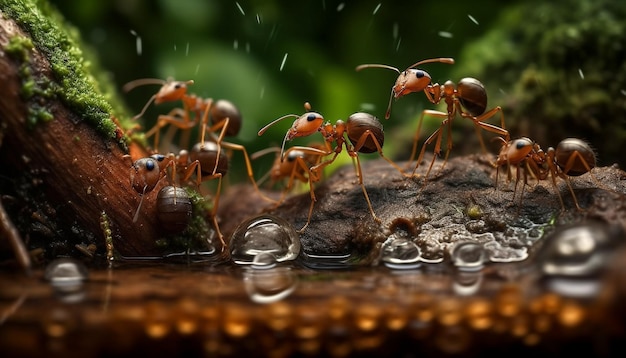 Ant colony on wet leaf in green forest generated by AI