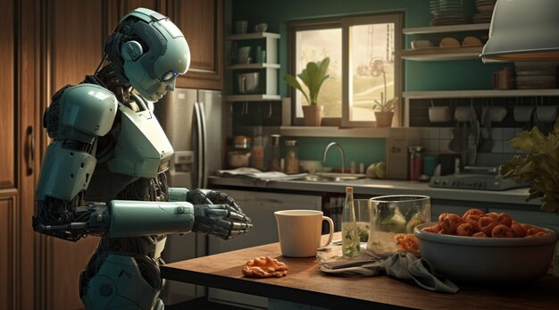 Anthropomorphic futuristic robot performing regular human job