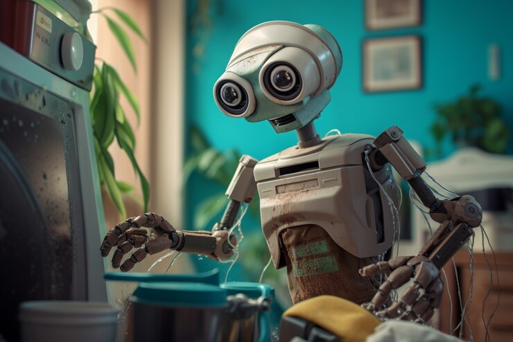 Free Photo anthropomorphic futuristic robot performing regular human job