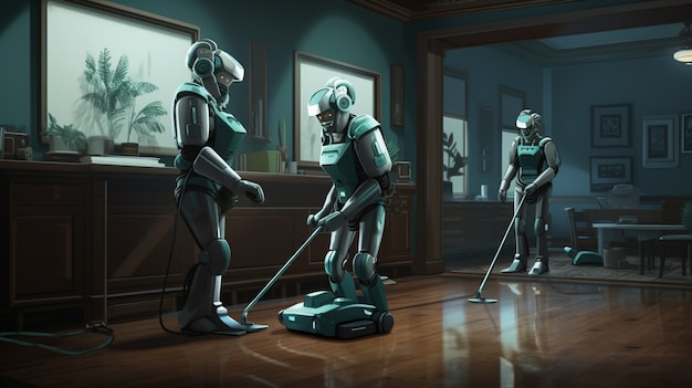 Robot futuristico antropomorfo che esegue un lavoro umano normale