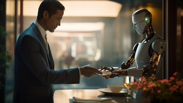 anthropomorphic futuristic robot performing regular human job