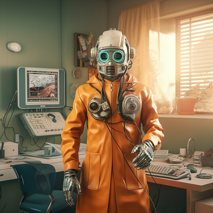 Free Photo anthropomorphic robot performing regular human job in the future